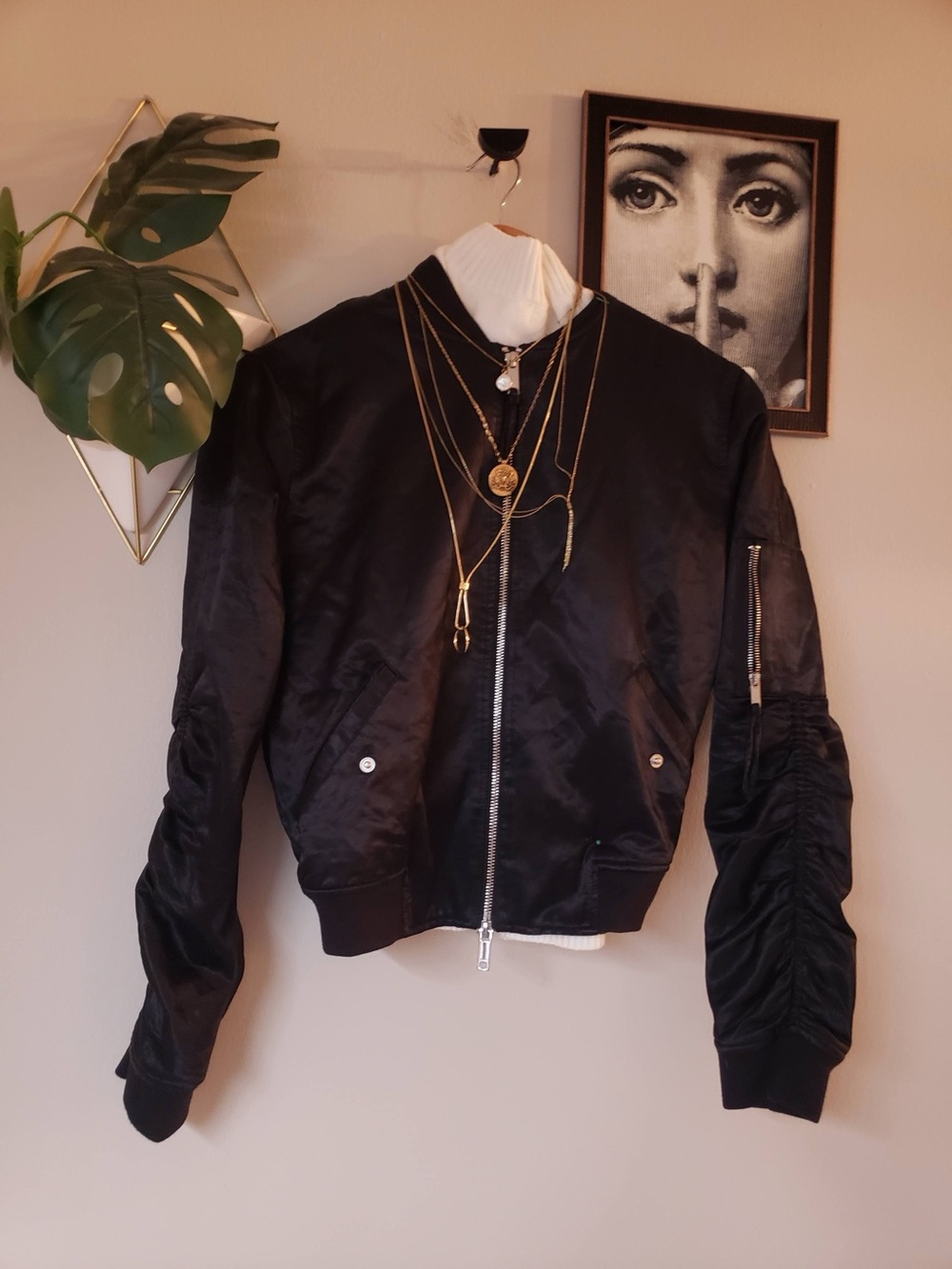 Donna Karan DKNY NWOT Black Satin Bomber Jacket Ruched Sleeves MA-1 Aviator Y2K
